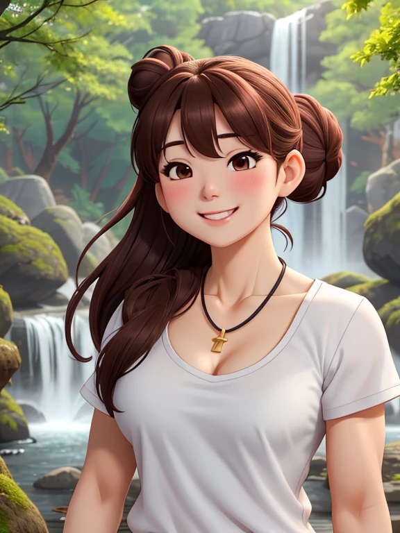 attractive korean woman, ripped muscle, muscular body, small breast, pale skin, smile(blush), chemise, thin necklace, sixpack abs, [ultra detailed skin:1.2], brown hair, hair bun, 8k uhd, full body, crowd, public, forest, waterfall, standing,