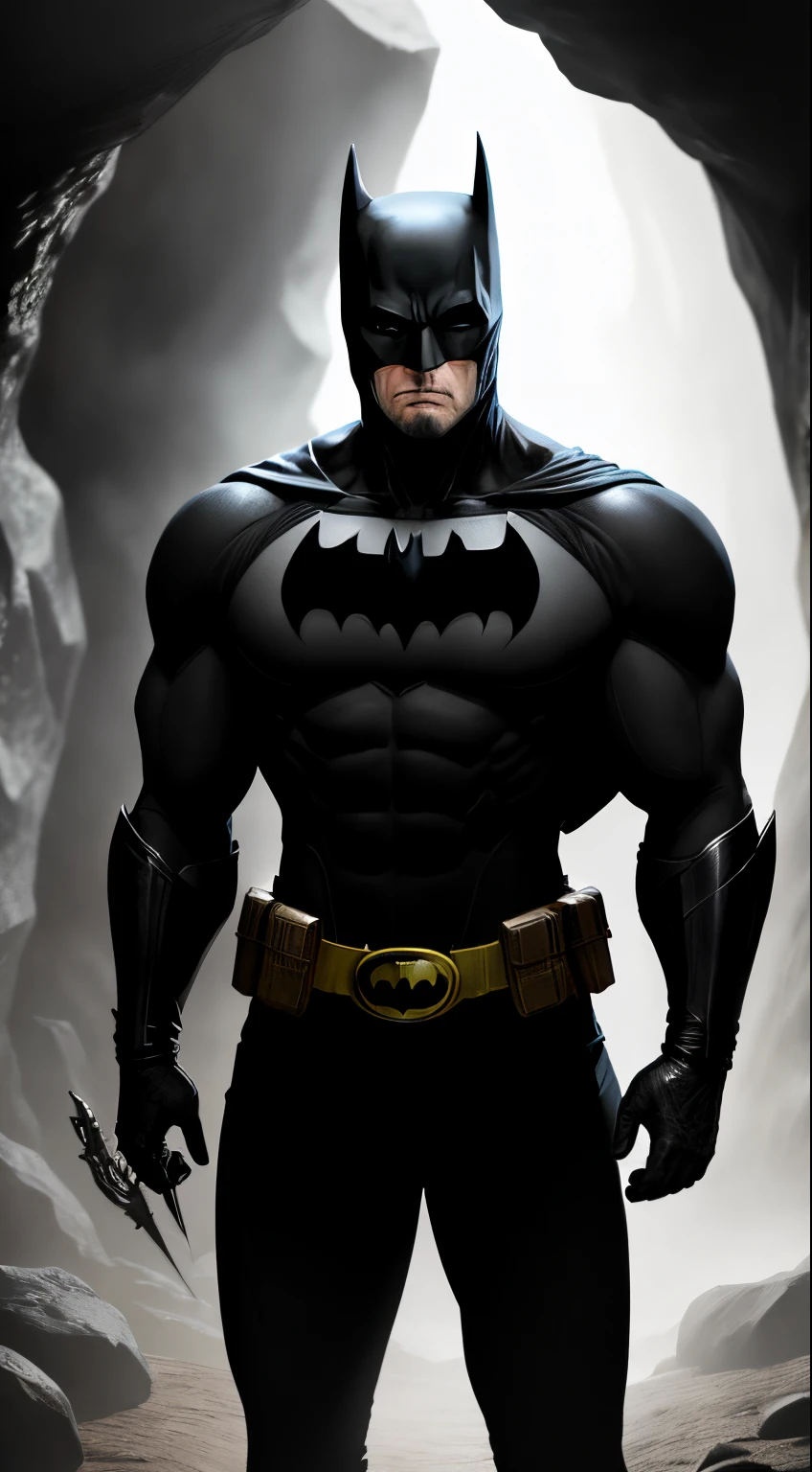 1 hombre, solamente, primer plano de vaquero de Ben Affleck como Batman, alto, trozo, muscular, bulto, hombro ancho, realista, dark gray mask, Traje gris sucio oscuro, Brazos gris oscuro, Guantes negros, La mejor calidad, Obra maestra, High resolution:1.2, capa negra, High dealtoe mask, Traje de alto dealtoe, Cara alta y dealtoada, Galardonado, Noche, Una cueva oscura en el fondo, dentro, 4k, papel tapiz