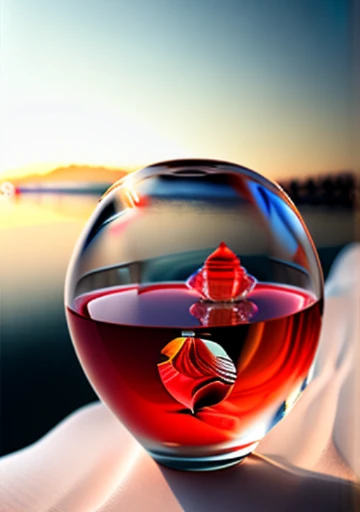 Die Sonne im Kristallglas am Meer, vor dem Hintergrund der Berge, a glass of regular classical shape, opened from above, unter, neben dem Glas, ist eine rote Rose, Hochwertige, realistische Fotografie