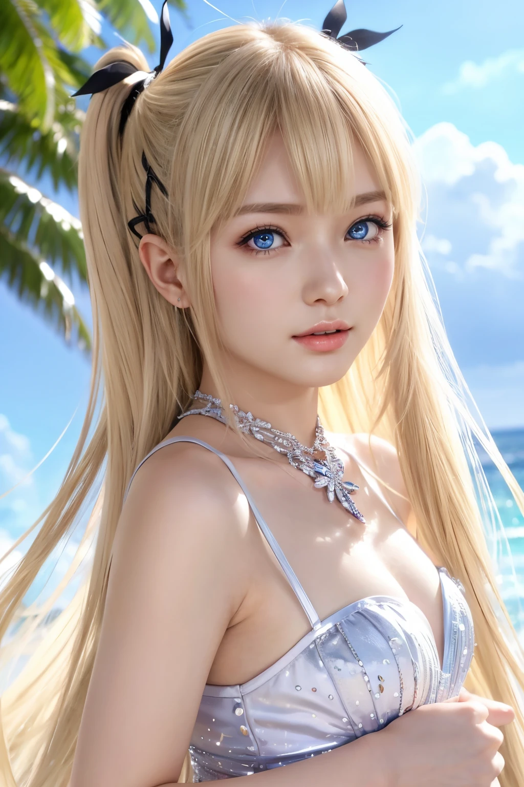 1 girl、portrait dressed sky、Bright and very beautiful face、年轻, shiny white shiny skin、Best look rond hair with dazzling light reflections、Beautiful Platinum Blonde Super Long Silky Straight Hair Gloss、Very beautiful  with long bang、Big eyes that shine crystal clear light blue、Beautiful lovely beautiful girl