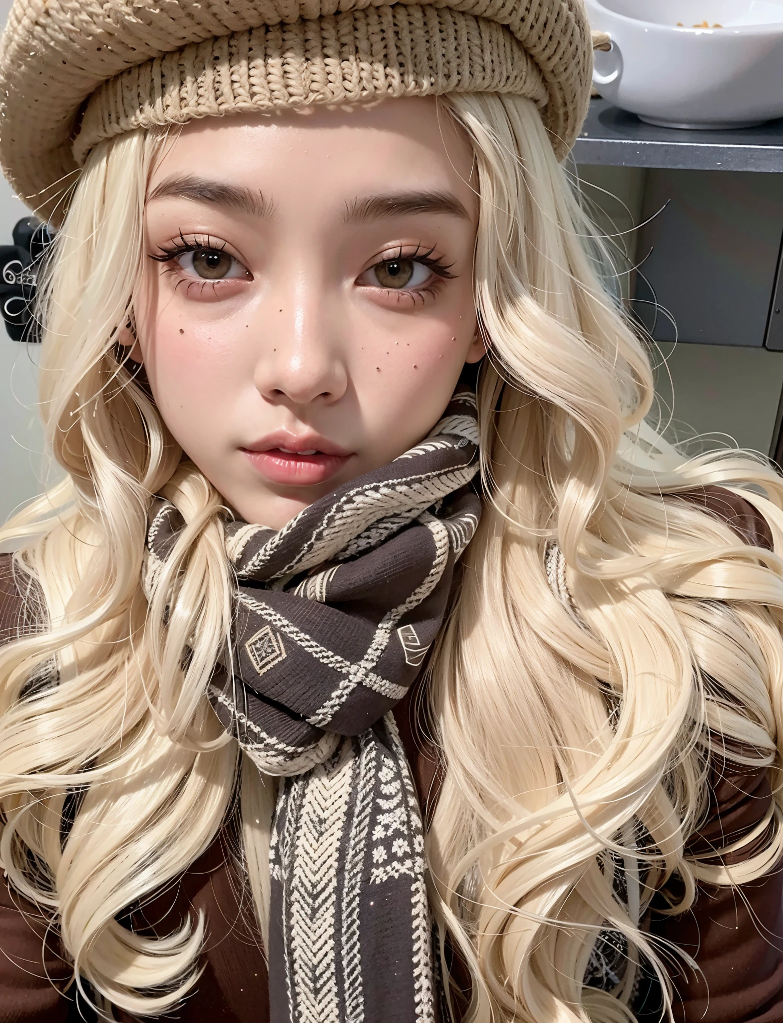 chica de pelo rubio con un sombrero de piel y una bufanda posando para una foto, cabello rubio y ojos grandes, Lalisa Manobal, Cabello largo y rubio y ojos grandes, ulzzang, Cabello largo y rubio y ojos grandes, Chica perfecta de pelo blanco, pale skin curly blond hair, cara muy bonita, cabello rubio muy, very pale, extremely pale blond hair, Chica coreana