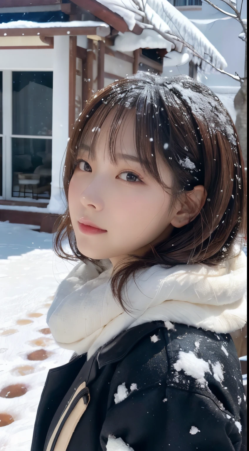 (komono)、、(quality,masterpiece:1.3,超高分辨率,),(ultra - detailed,Caustics),(真实感:1.4,RAW shooting,)Hyper-realistic capture,A very detailed one,HD 16K human skin、 Natural skin texture、、Skin looks healthy、even skintone、 Use natural light and color,A woman who ,,,kawaii,A brunette one,mid hair,(depth of fields、color difference、、Wide range of lighting、naturalshadow、)、、(Falling snow:1.3)、(Hair swaying in the wind:1.2)、(Snow reflects light:1.3)