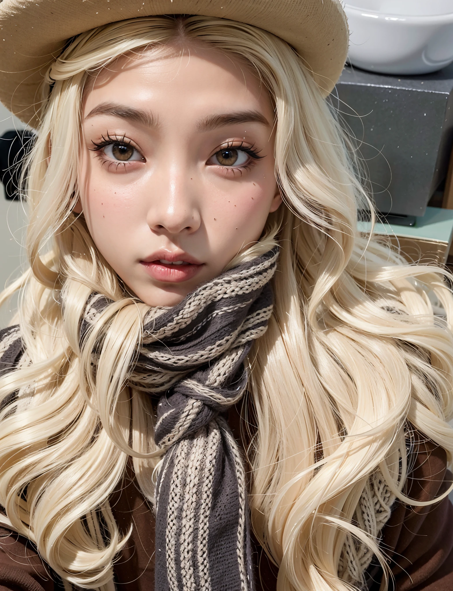 chica de pelo rubio con un sombrero de piel y una bufanda posando para una foto, cabello rubio y ojos grandes, Lalisa Manobal, Cabello largo y rubio y ojos grandes, ulzzang, Cabello largo y rubio y ojos grandes, Chica perfecta de pelo blanco, pale skin curly blond hair, cara muy bonita, cabello rubio muy, very pale, extremely pale blond hair, Chica coreana