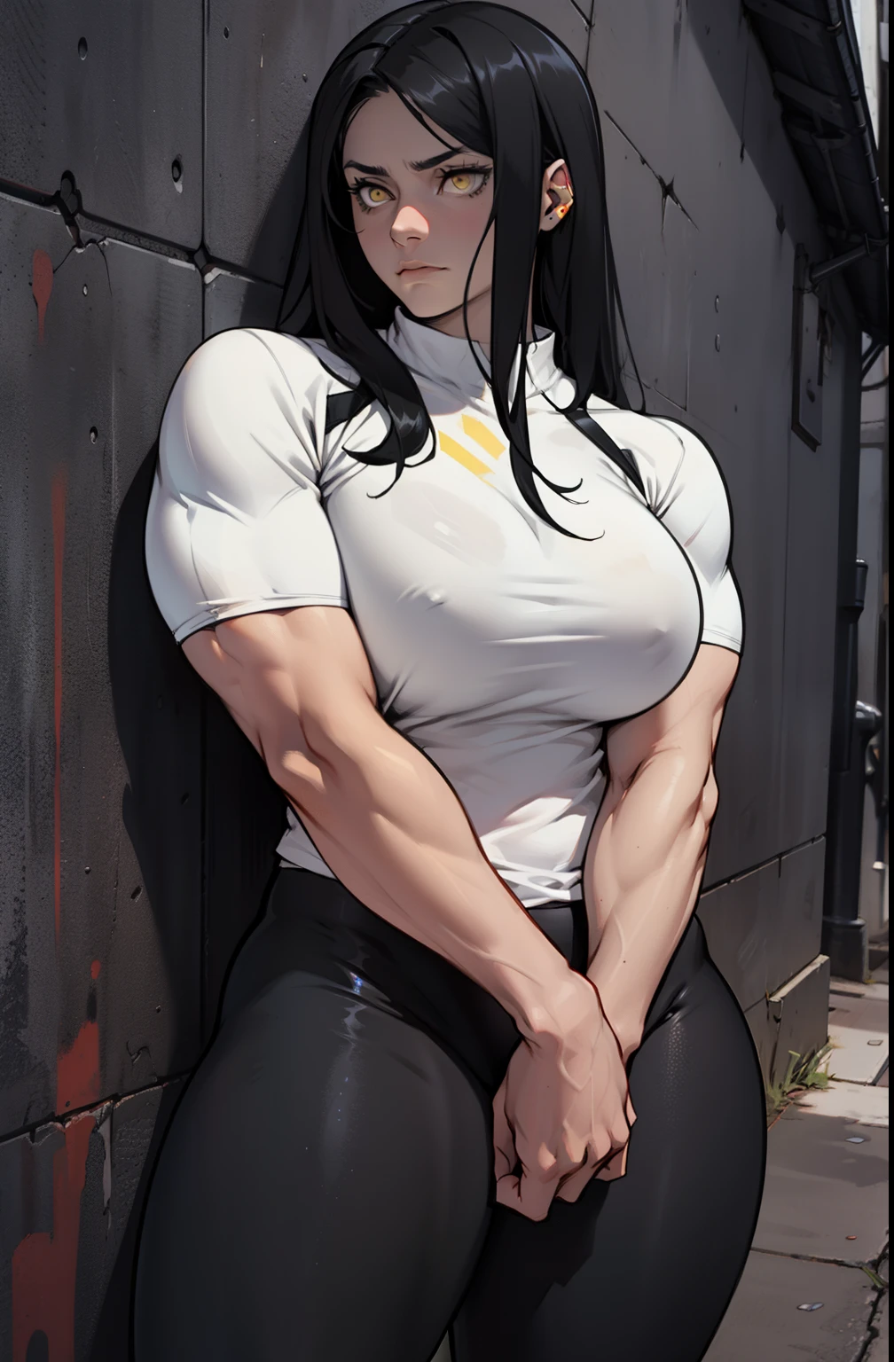 1girl muscular pale skin black hair yellow eyes black against wall sad expressionless tight shirt leggings thick thick thick thick muscular muscular muscular muscular muscular girl dark atmosphere sad expressionless