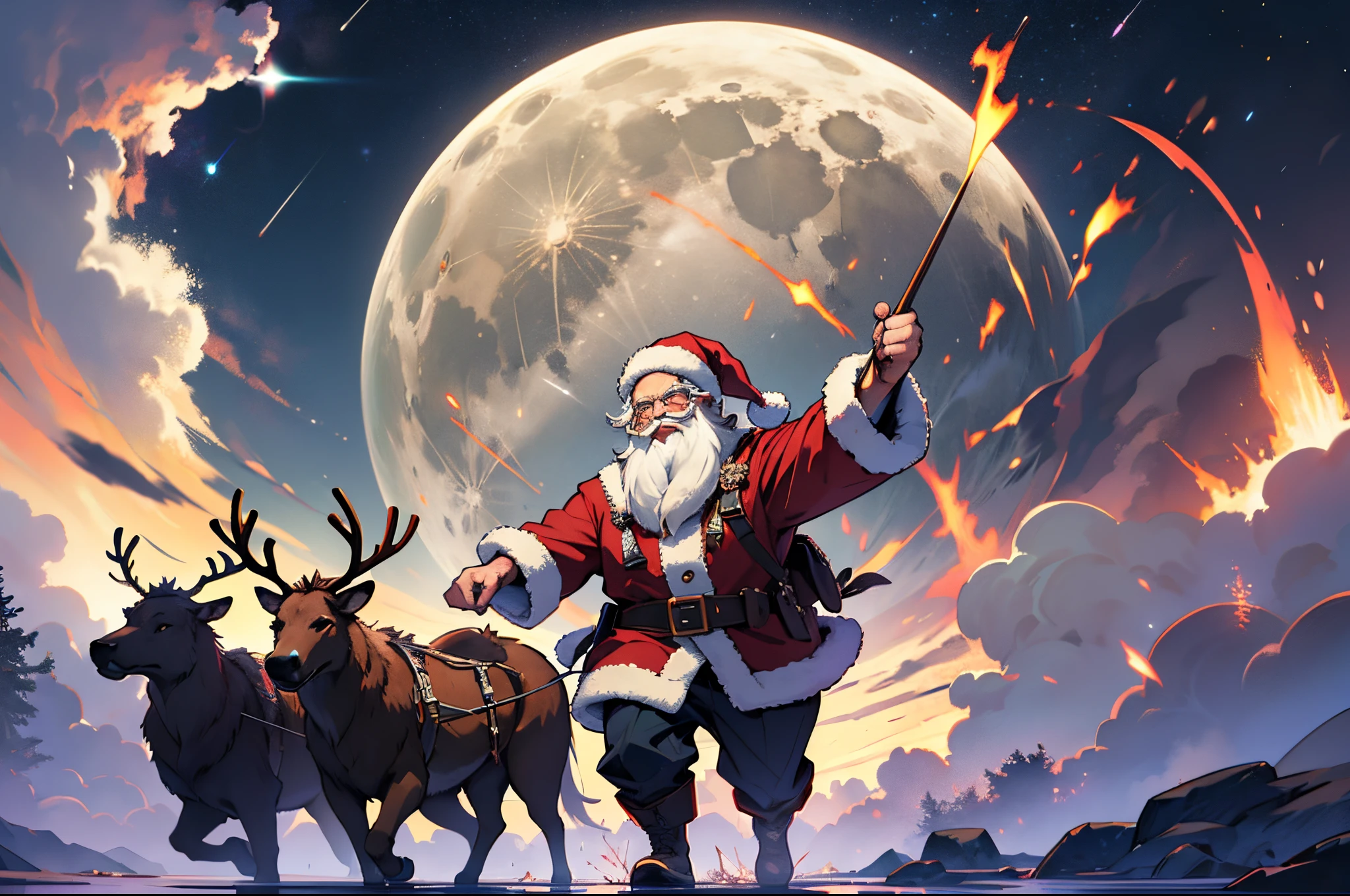 Santa Claus flies in the sky on his 5 reindeer carriage，Huge moon background，depth of fields，a work of art，ultra - detailed，4K分辨率，high high quality，电影灯光，High picture detail，Detailed pubic hair，epic graphics