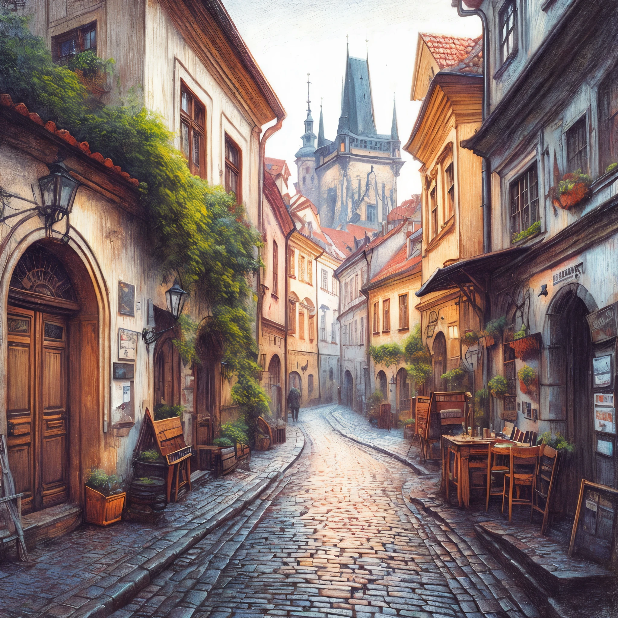 Painting of a cobblestone street with a church in the background, Grzegorz Rutkowski, Albert Cotin, beautiful oil matte painting, Otakar Kubin, Outdoor European cityscape, László Barrow, Prague, old city, Bertalan Karlovsky, Cobblestone street, by Marek Okon