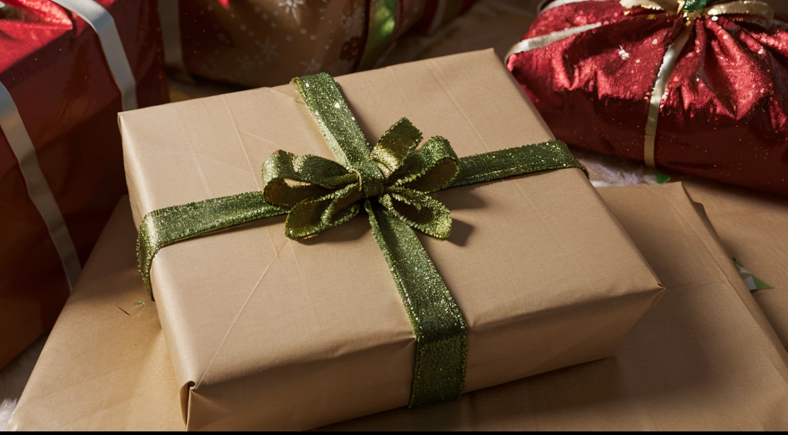 A close-up shot of a heap of wrapped Christmas presents.