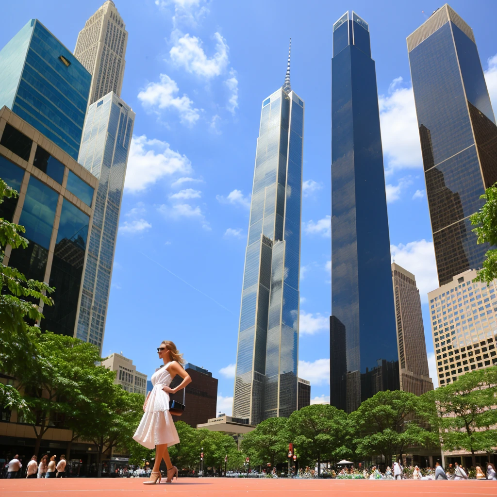 woman in summer dress, surrounded by tall, sleek buildings, in a metropolitan city