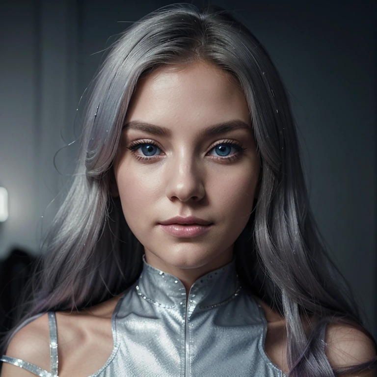 English based on the previous description:I would like to generate an image of a fictional character named Elysia Everhart. She has long silver hair, slightly blueish, flowing smoothly and with a silky appearance. Her eyes are large, of a deep violet hue, conveying a serene mystery. Elysia has a soft and delicate face, refined features, flawless skin, and a medium stature with gentle and elegant curves. Her attire is sophisticated, with shades of silver, blue, and violet, blending modern and futuristic elements. She is captivating, enigmatic, calm, and intellectual, always seeking knowledge and new experiences. I would like a semi-realistic visual representation that conveys elegance, mystery, and confidence.