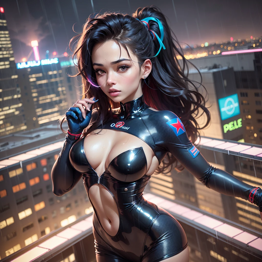 (((1 mulher: 2))), {Beautiful girl in chrome blue metallic latex mini dress:1.5}, (Latex mini dress with high neck and open shoulders:1.5), ((Roof of a city building with a beautiful night view with red and blue neon advertisements:1.8)), ( bonito em 18 anos ddade), ((1tela)), 8k, 16 mil, tiro cru, Foto de alta qualidade, obra prima, Nice fotos realistas, ((anatomically correct proportions: 1.5)), {Mulher bonita com cabelo preto como uma atriz}, shead, Rosto detalhado, Olhos detalhados, Nariz estreito, dedos detalhados, Detailed arms, pele detalhada, pernas detalhadas, torso curto, cintura estreita , seios grandes,ra do mamilo, Small buttocks, {Rotogravo shoot with a bold pose:1.2}、Pose aberta da virilha、(chuva forte:1.6)、(Pele encharcada pela chuva:1.5)、(Cabelos encharcados pela chuva:1.5) with a black whip in his right hand making movement, cabelo voando com o vento