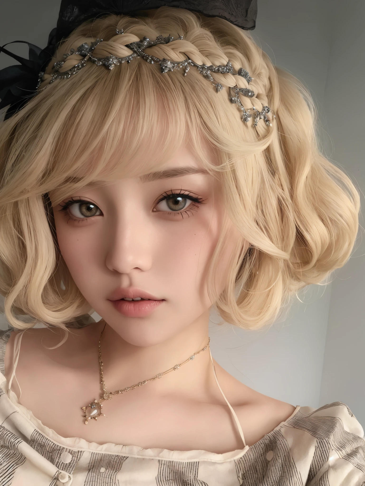 Un primer plano De una mujer con una DiaDema en la cabeza, flequillo rizaDo, chica corta y rizaDa De cabello rubio, con el pelo corto, PeinaDo blanco De corte hime, pale skin curly blond hair, PeinaDo kawaii, cabello rubio rizaDo | D & D, Retrato realista kawaii, PeinaDo kawaii, ulzzang, LinDa cara De anime natural, cabello rubio y ojos granDes