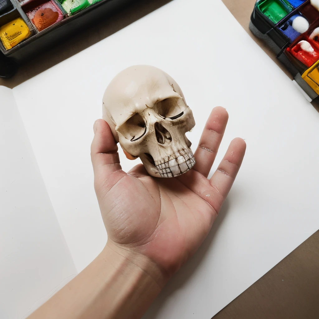 One hand made of skull holding other human hand water colour