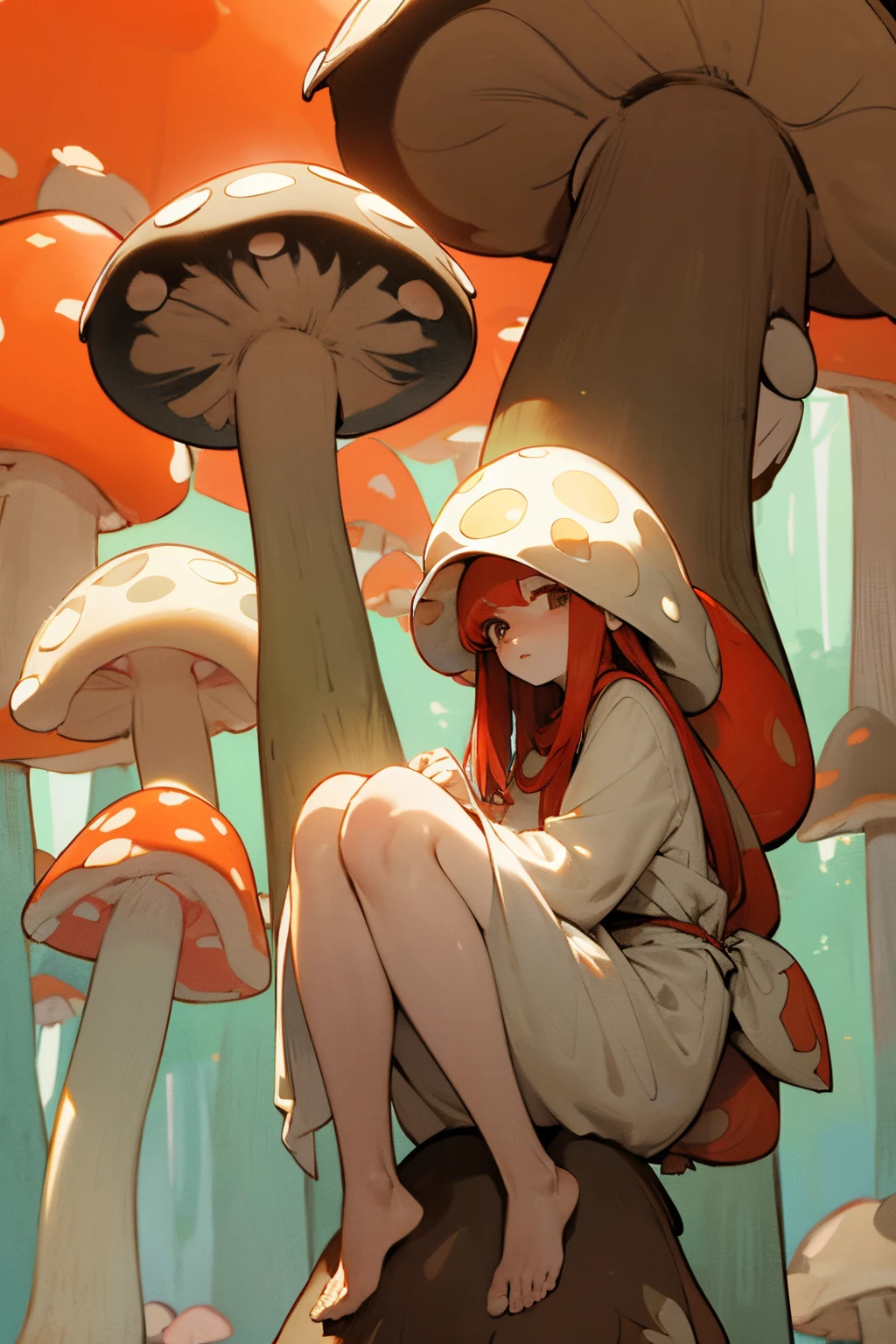 master part, fechar para cima, bonita jovem, red hair, Olhos vermelhos, (((pale skin))), (((Giant mushroom hat under the head))), (roupas medievais), cold expression, barefoot, floresta de fundo, autumn season.