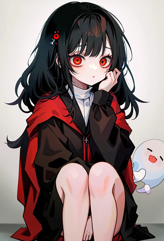 Girl with black hair and red eyes, Prays, there are a lot of cute ghosts around the girl, one ghost lies on the girl&#39;s head, covered eyes, Girl praying.