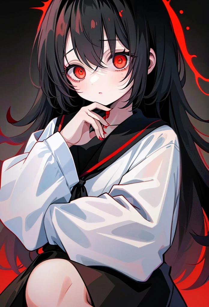 Girl with black hair and red eyes, Prays, there are a lot of cute ghosts around the girl, one ghost lies on the girl&#39;s head, covered eyes, Girl praying.