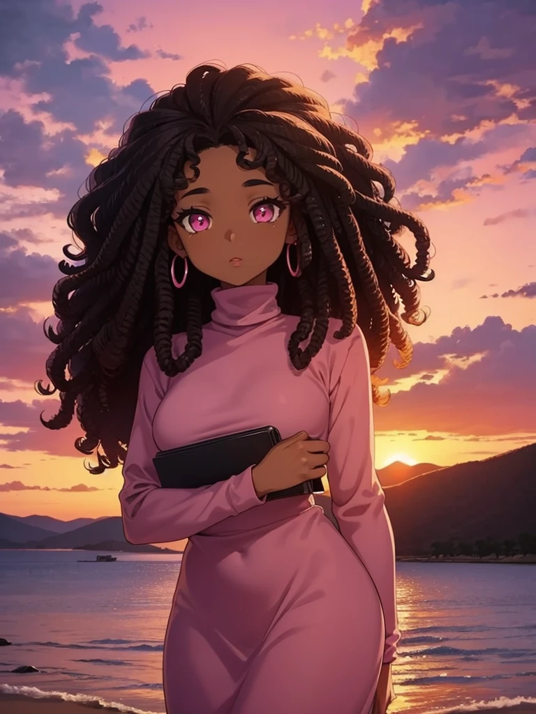 The background is a beautiful pink sunset. An African-American woman with pink eyes and long black curly hair is wearing a tan turtleneck dress.