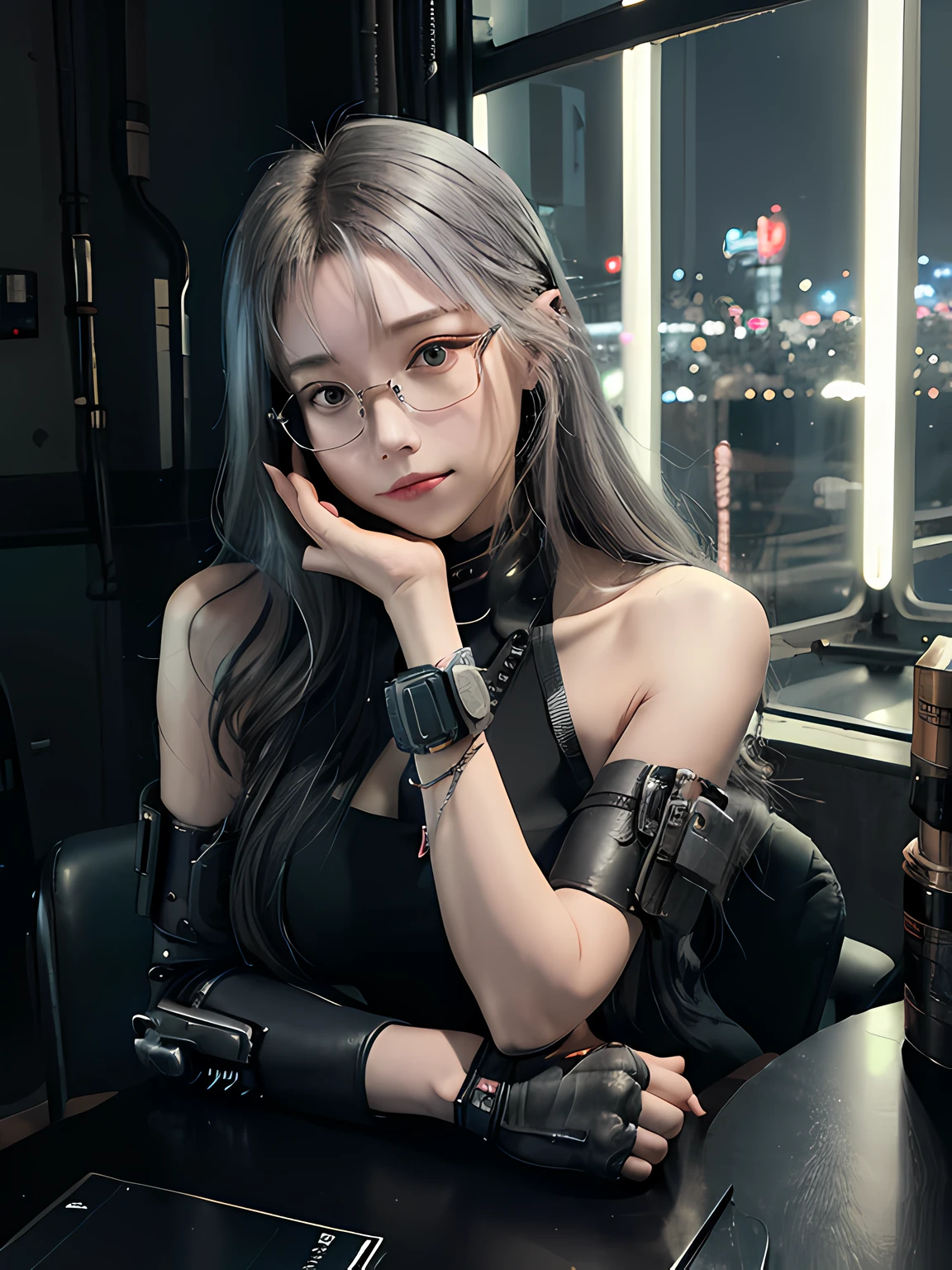 Cyberpunk style room, (neonlight:0.7), (There are wires on the ground:0.5), the night, 1 girl, A half body, Close-up, Gray Whiucy from Cyberpunk Edgerunners:0.8), Round glasses with reflective neon lights,tightsuit, (Sayre Hayes:0.7), Normally proportioned and beautiful facial features:0.7), (s delicate face:0.5), Smiling, (on her elbows:1.5), absurd res, A high resolution, Super sharp, 8K, tmasterpiece,looking at viewert