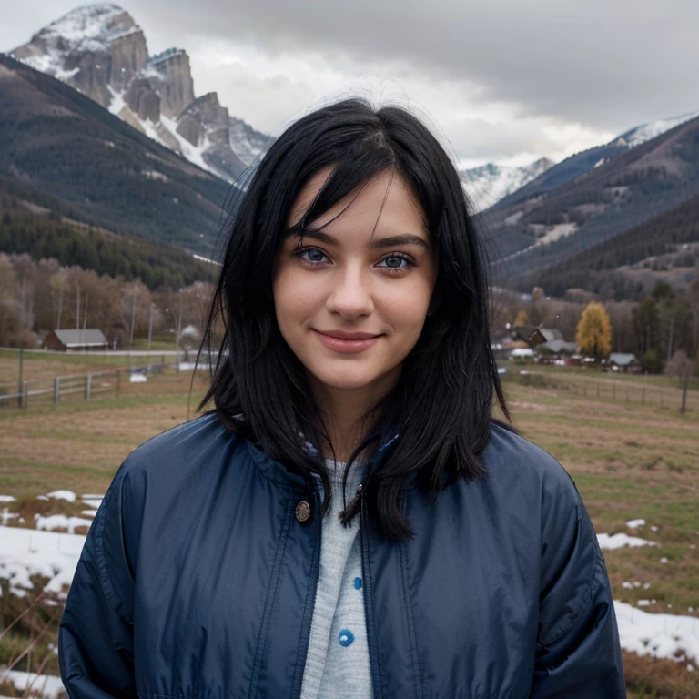 Portrain of person with black hair, big blue eyes and fair skin. The person is wearing a dark blue jacket and softly smiling. The person stands and looks at the camera against the background of the mountains. Early morning, grey weather