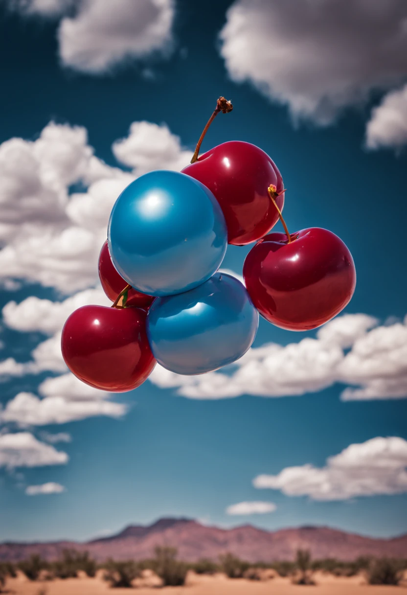 (Portrait shot, ultra-detailed, best quality, photorealistic:1.37, 4k, realistic, photography, an inflated cherry, shiny eflections, in Arizona desert, blue sky with clouds, vibrant colours, 35mm)