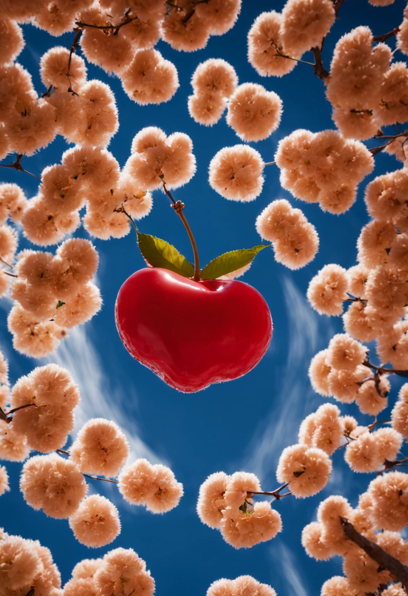 (Portrait shot, ultra-detailed, best quality, photorealistic:1.37, 4k, realistic, photography, an inflated cherry, shiny eflections, in Arizona desert, blue sky with clouds, vibrant colours, 35mm)