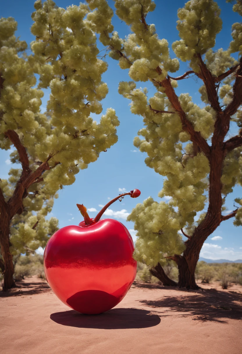 (Portrait shot, ultra-detailed, best quality, photorealistic:1.37, 4k, realistic, photography, an inflated cherry, shiny eflections, in Arizona desert, blue sky with clouds, vibrant colours, 35mm)