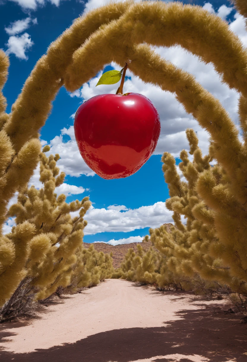 (Portrait shot, ultra-detailed, best quality, photorealistic:1.37, 4k, realistic, photography, an inflated cherry, shiny eflections, in Arizona desert, blue sky with clouds, vibrant colours, 35mm)