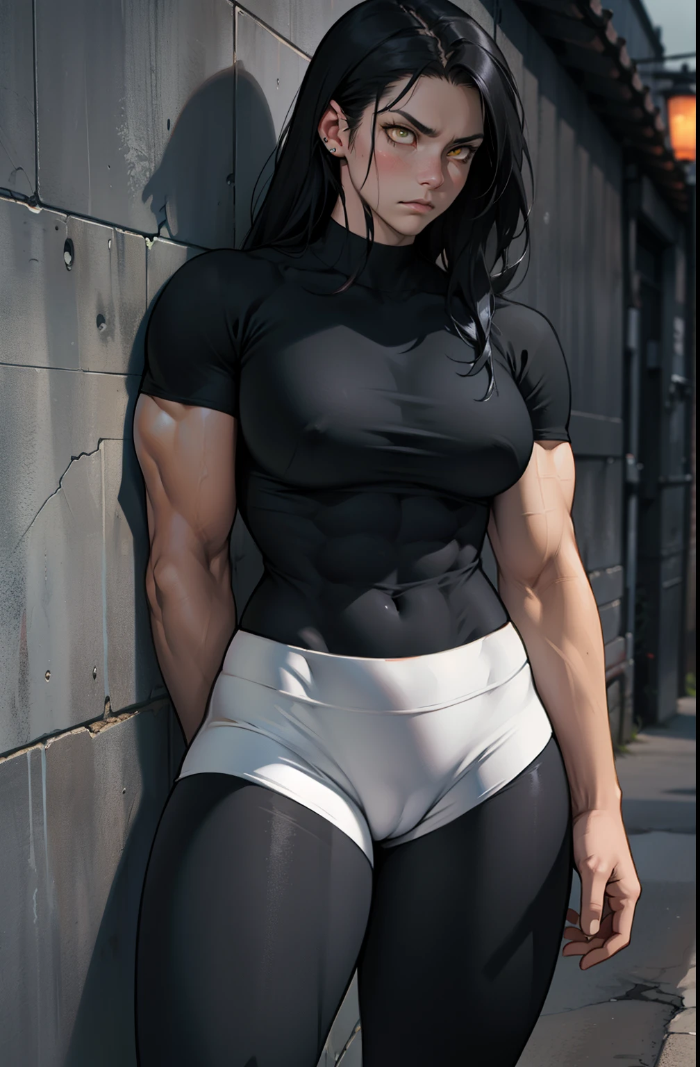 1girl muscular pale skin black hair yellow eyes black against wall  sad expressionless tight shirt leggings thick thick thick thick muscular muscular muscular muscular muscular girl dark atmosphere sad expressionless