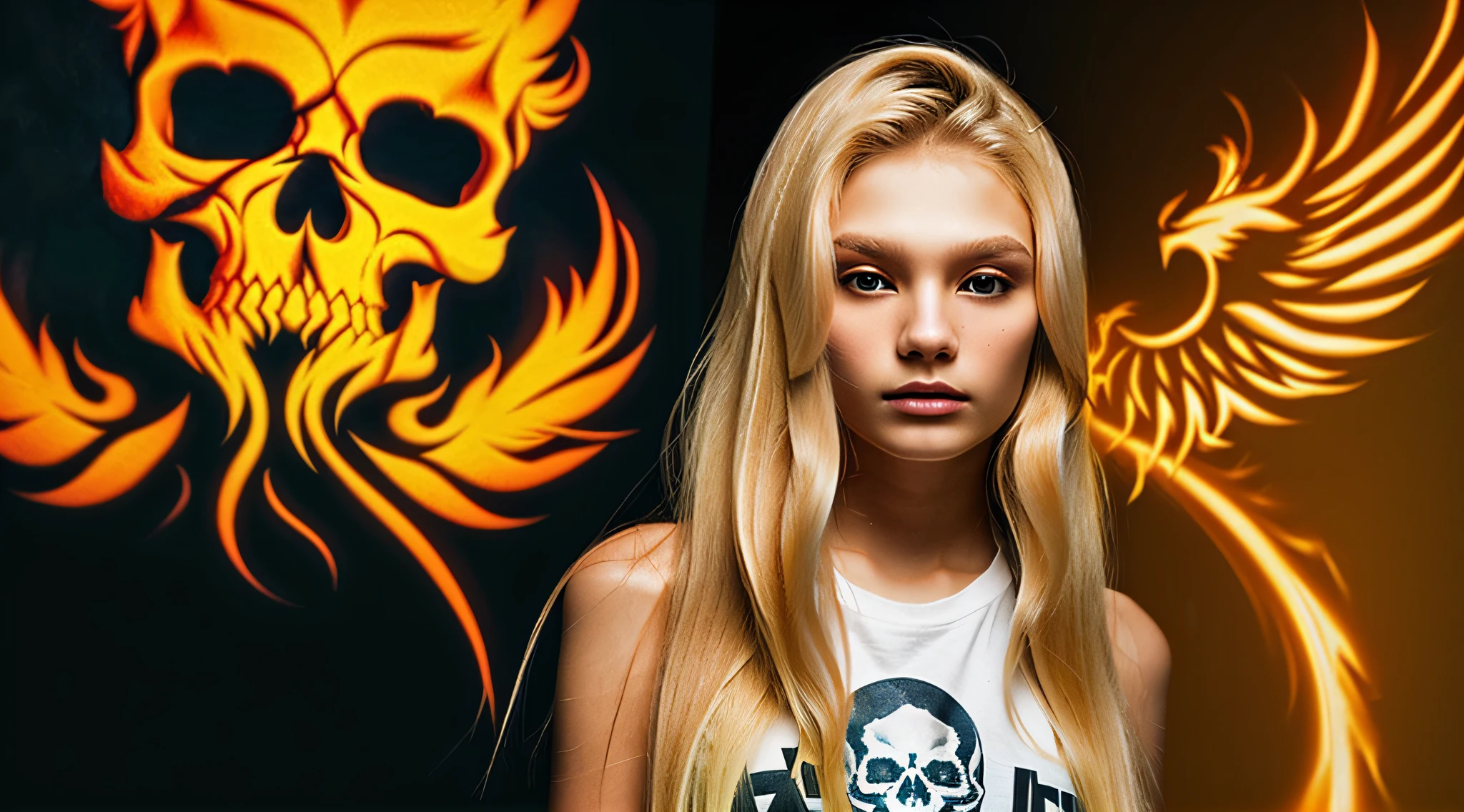 KIDS MENINA cabelo loiro comprido, there are three skulls with a phoenix