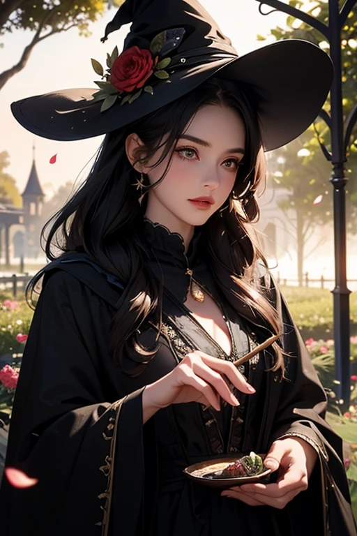 best quality,highres,masterpiece:1.2,ultra-detailed,realistic:1.37,illustration,January,Summer,witch,cats,beautiful detailed eyes,beautiful detailed lips,extremely detailed eyes and face,long eyelashes,beautiful summer garden scene,old witch wearing a black cloak and pointed hat,flying broomstick,cats with vibrant fur colors,gorgeous sunset lighting,whimsical and magical atmosphere,vibrant colors,enchanted garden background,brilliant warm tones,soft and diffused lighting,sparks of magic,floating flower petals,lush greenery and blooming flowers,wonder and mystery in the air
