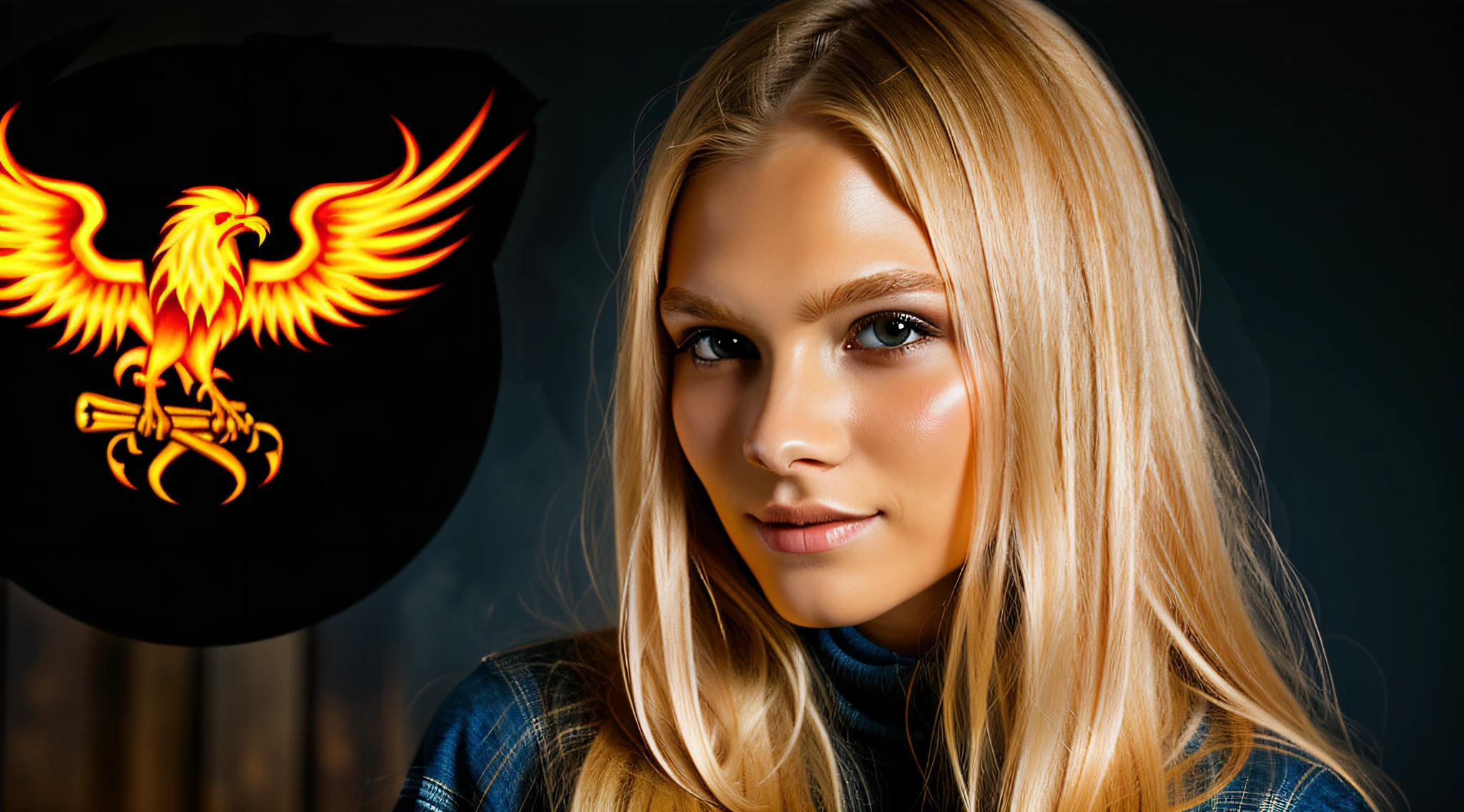 ???? MENINA cabelo loiro comprido, there are three skulls with a phoenix