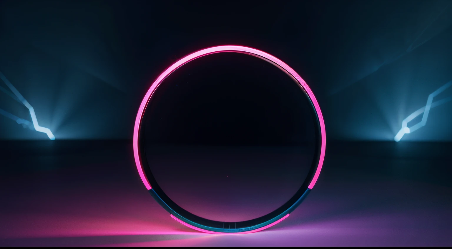 3d render, abstract minimal background, pink blue neon light round frame with copy space, illuminated stormy clouds, glowing ring geometric shape. stock photo