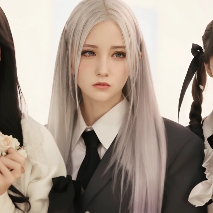 there are three girls with long hair and a black tie, tifa lockhart with white hair, with long white hair, one girl has white hair, with white long hair, anime girl in real life, anime , realistic , white hime cut hairstyle, a hyperrealistic schoolgirl, girl silver hair, silver hair (ponytail), her hair white, anime girl