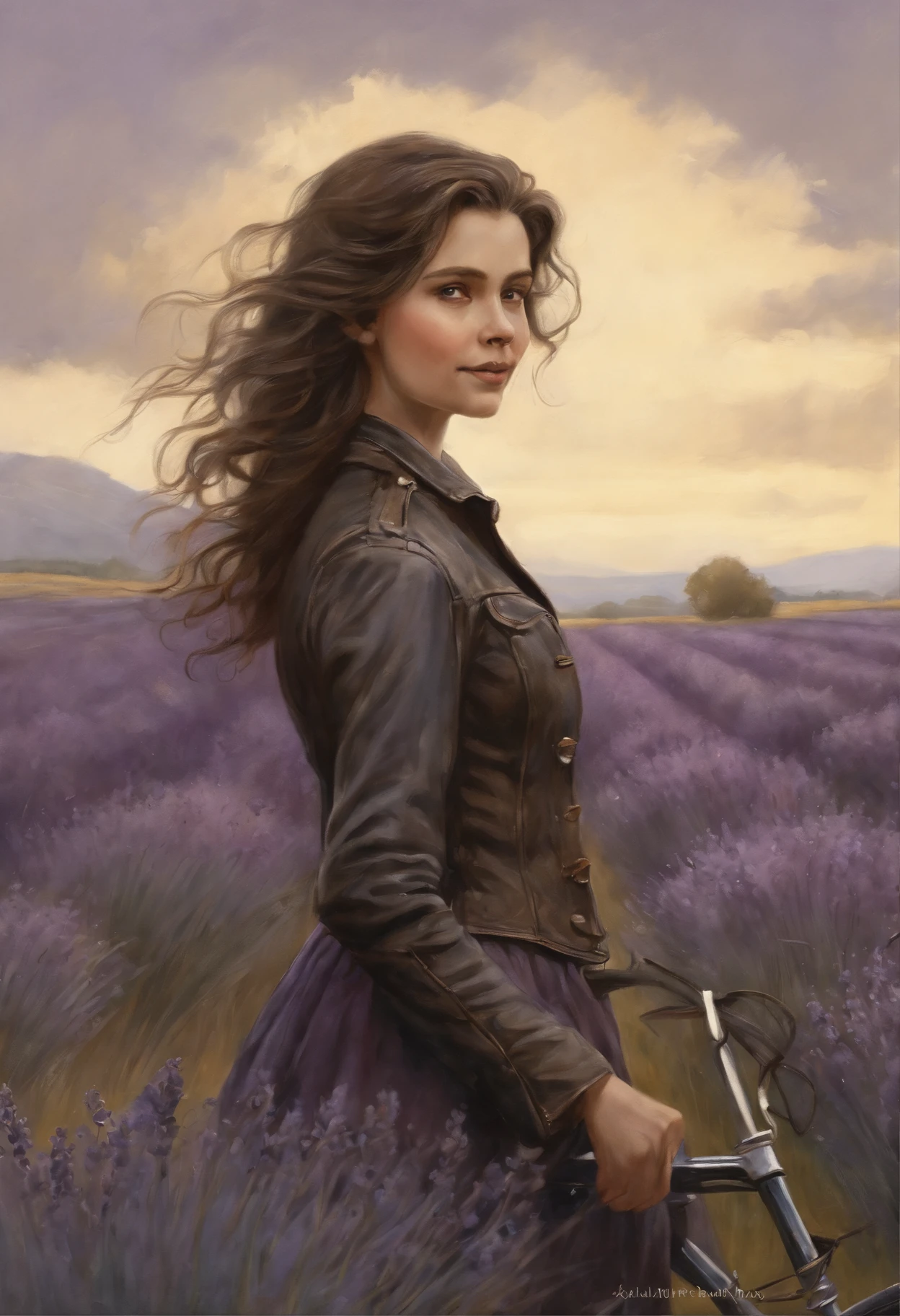 真实感, dark fantasy style, John Tolkien style, Small painting by Jean-Baptiste Monge, Soft facial features, Rocker Girl, looking at away, long wavy darkbrown hair, hair blowing in wind, Smiling, laughting, stands in the center of a lavender field, In a short dark leather jacket, Shirt...., Shorts, Jeans, half trousers, mischievous character, Standing next to a bicycle, early morning, lavender field Jean-Baptiste Monge, anthropomorphic --ar 2:3 --testp -optimistic;