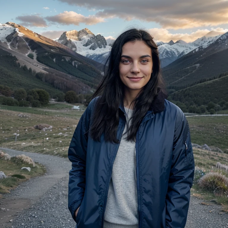 Portrain of agender person with black hair, big blue eyes and fair skin. The person is wearing a dark blue jacket and softly smiling. The person stands and looks at the camera against the background of the mountains. Early morning, grey weather