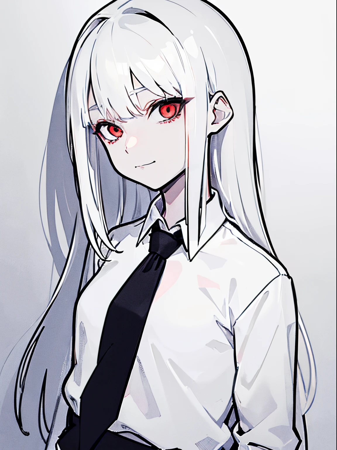style of painting,(empty background),((Flat chest)),(Front Portrait), (Black and whature Women,((Microthorax)),(High cold),Hey, hey, smile,monochrome, blank stare, dead fish eyes, cool beauty,half lidded eyes, indifferent expression, black and white portrait, bored, impassive, loner,(Alone),Wispy bangs,Textured straight,Above the waist,((White Hair)),(Red Pupil),((White Shirt)),Shirt,Wispy bangs
