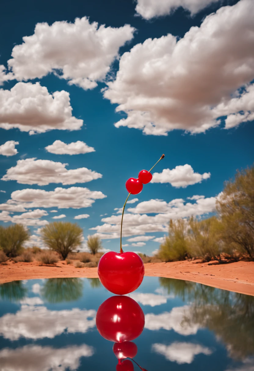 (Portrait shot, ultra-detailed, best quality, photorealistic:1.37, 4k, realistic, photography, an inflated cherry with shiny reflections, floating in the sky, in Arizona desert, blue sky with clouds, vibrant colours, 35mm)