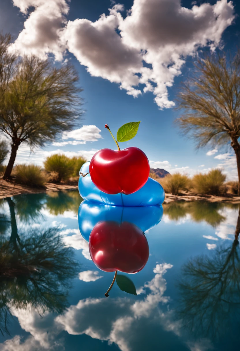 (Portrait shot, ultra-detailed, best quality, photorealistic:1.37, 4k, realistic, photography, an inflated cherry with shiny reflections, floating in the sky, in Arizona desert, blue sky with clouds, vibrant colours, 35mm)