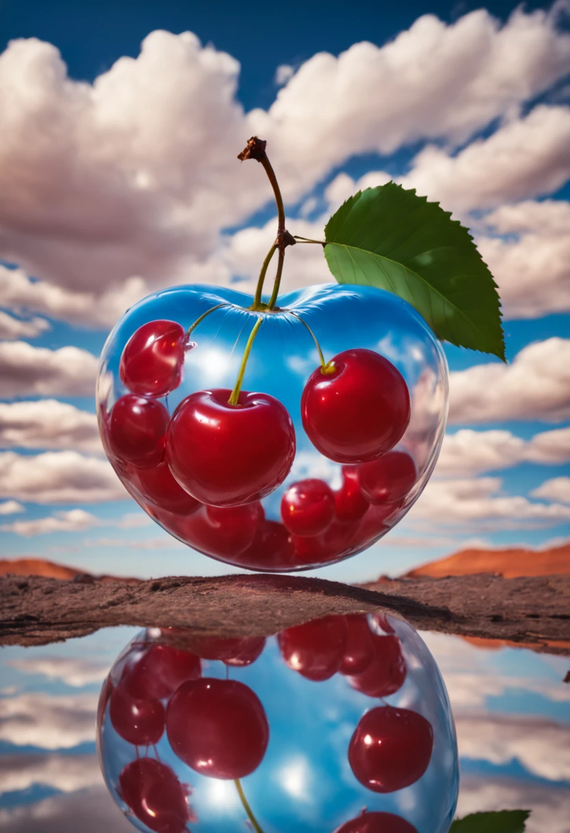 (Portrait shot, ultra-detailed, best quality, photorealistic:1.37, 4k, realistic, photography, an inflated cherry with shiny reflections, floating in the sky, in Arizona desert, blue sky with clouds, vibrant colours, 35mm)