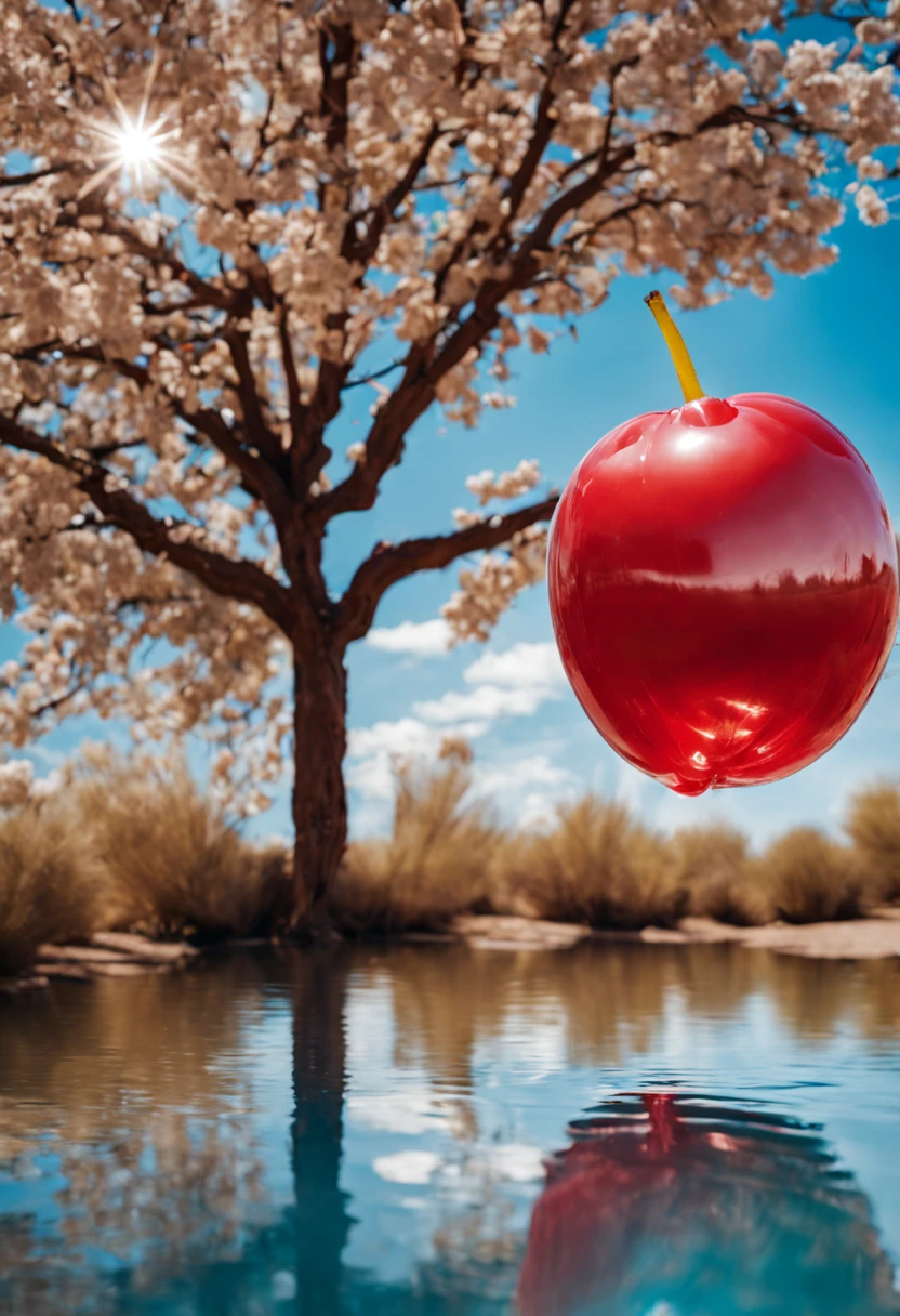 (Portrait shot, ultra-detailed, best quality, photorealistic:1.37, 4k, realistic, photography, an inflated cherry with shiny reflections, floating in the sky, in Arizona desert, blue sky with clouds, vibrant colours, 35mm)