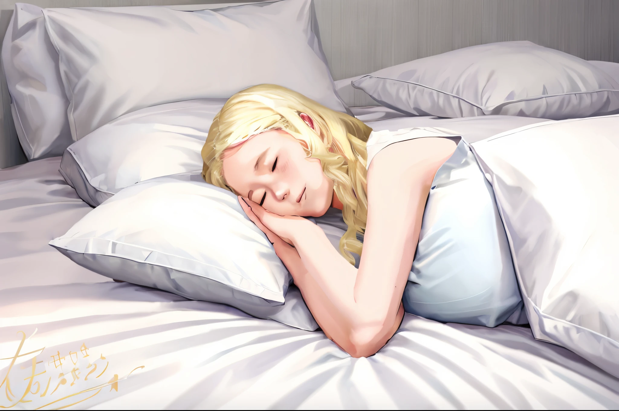 Blonde woman lying on bed with pillow and pillow case, Rest on the pillow, Lying on a pillow, Portrait of a sleeping woman, laying in bed, laying in bed, she is really happy, laying in bed, laying in bed, White Bed (White Bed), Sleeping, sleep, laying back on the bed, laying on her back on a bed