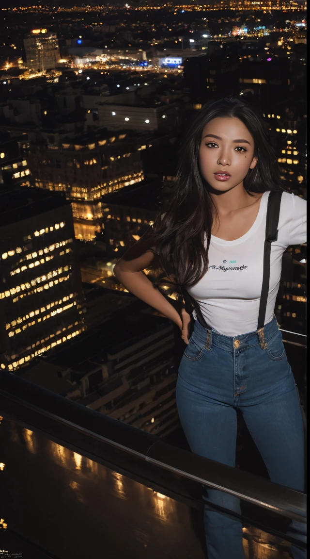 ((midynight, Need, 8k, tmasterpiece:1.3)), full bodyesbian, Long legs, Focalors:1.2, perfect figure beautiful woman:1.4, Slim abs:1.1, ((Dark brown hair, huge tit:1.2 )), (White transparent T-shirt, Denim suspenders, standing on your feet:1.2), ((city night scene, the roof:1.3)), Highly detailed  black skin texture, A detailed black eye, 二重まぶた