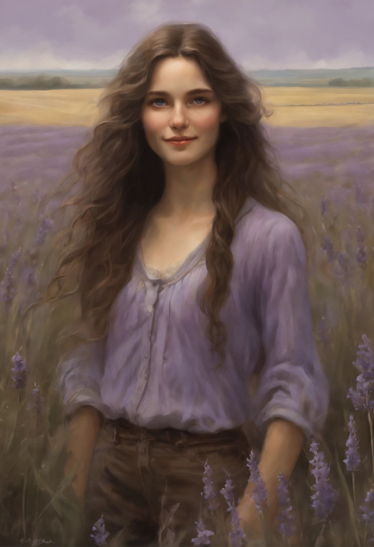 真实感, dark fantasy style, John Tolkien style, Small painting by Jean-Baptiste Monge, Soft facial features, Rocker Girl, looking at away, long wavy darkbrown hair, hair blowing in wind, Smiling, laughting, stands in the center of a lavender field, In a short dark silk shirt...., Shorts, Jeans, half trousers, mischievous character, I&#39;m standing next to a bicycle, early morning, lavender field Jean-Baptiste Monge, anthropomorphic --ar 2:3 --testp -optimistic;