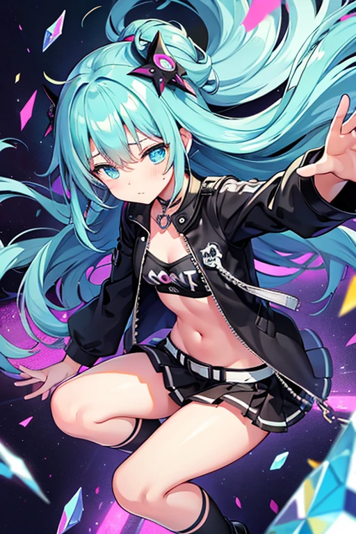 Cute girl, closed tearing eyes, punk outfit, falling to abyss, prismatic shards flying around