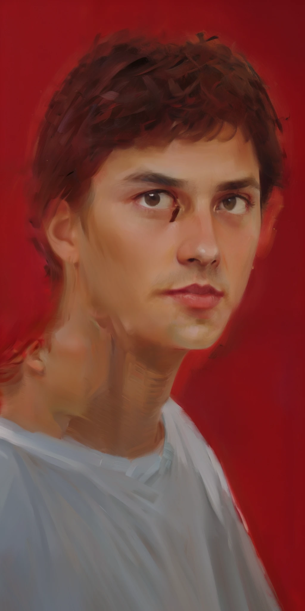 painting of a boy with a red background and a red background, realistic self portrait, digital painted, smooth. digital painting, side centered painted portrait, painted character portrait, an expressive digital painting, inspired by Oskar Lüthy, painted portrait, digital matt painting, closeup character portrait, intense stare, movie scene portrait closeup, character portrait closeup, a digital painting