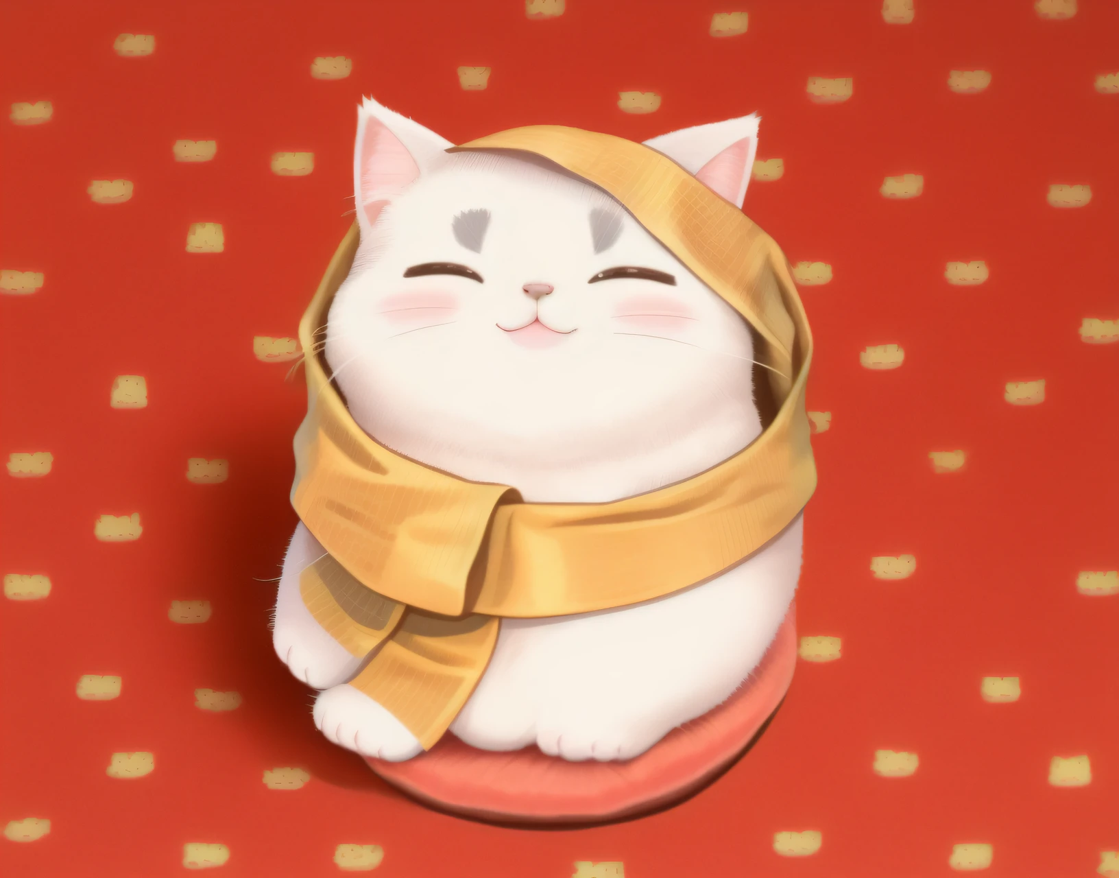 There  a cat sitting on the pillow，Holding a coin in his hand, Kawaii cat, The smile of the cat, happy cat, Anime visuals of a cute cat, fat chibi grey cat, One cute cat, Cute cat, A smiling cat, cat design, anime cat, fat cat, Nothing, Cute big breasts:2, Illustration of a cat