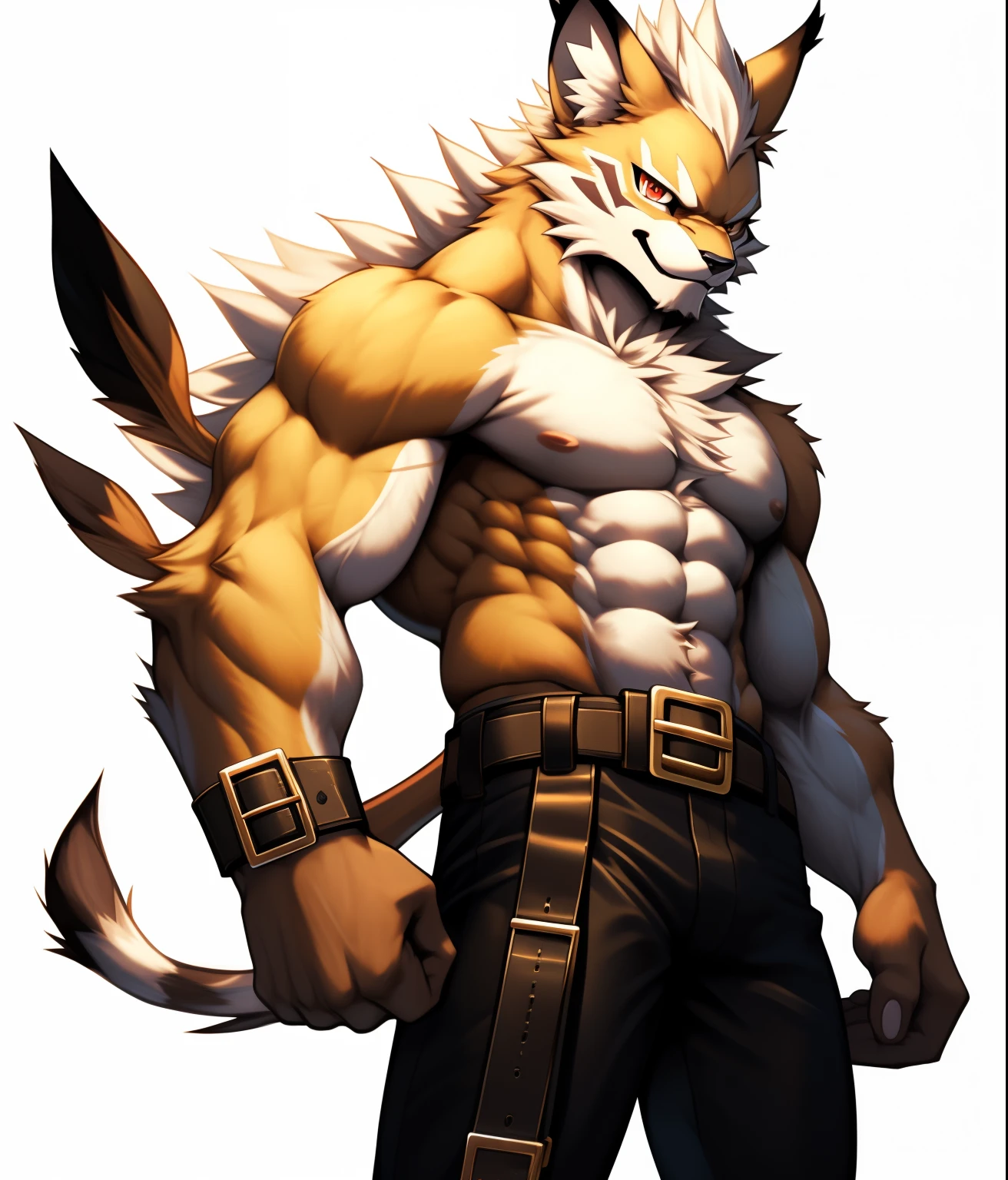 nj5pielry, (Leomon, , Slender, Aesthetic), (((((black pants with bronze buckle belt))))) Leomon, Young face, teenager, ((emely realistic shadows, Masterpiece, extremely detailed, photorealistic)), kemono, Looking at viewer, ((front)), Curious look, Leomon, ((Detailed face)), nose, red eyes, ((detailed eyes)), skin, fur, Hair, alone , Height 2 meters tall, Optimal height, very tight clothing, 80 kg, Slim but muscular body; Ripped ABS muscle pecs, slim waist, long legs, Strong arms, Beautiful face, Attractive calm and cold face type with a mischievous smile, Topless. Shirtless background: white background, He was wearing tight black pants with a bronze buckle belt that revealed toned muscular thighs, a bulging neck. ((Shirtless)).