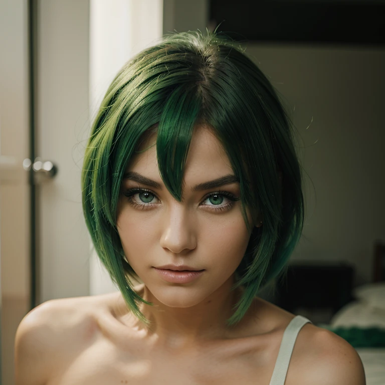 beautiful model with green hair and eyes, realistic