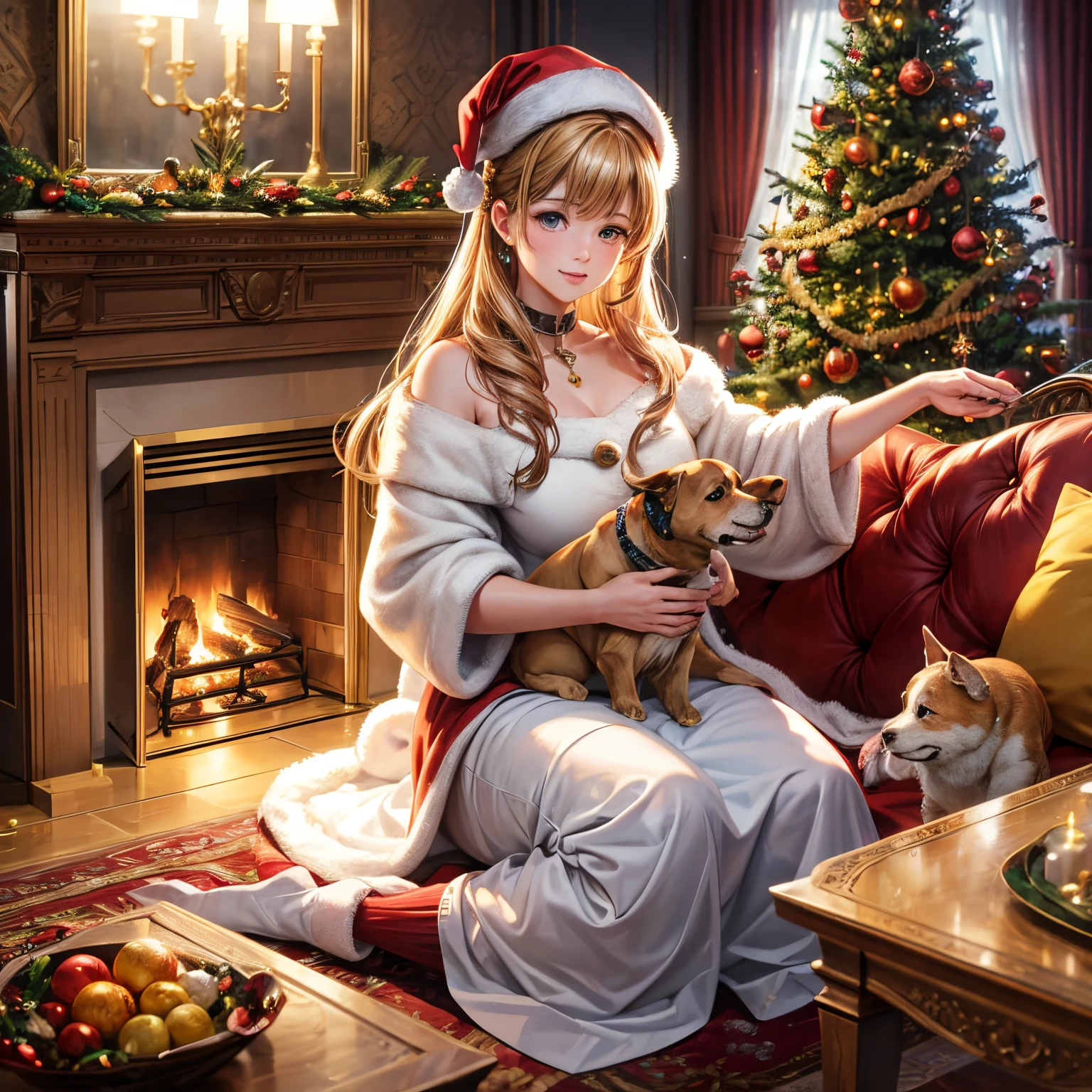 super high quality, 8k, RAW photo, realistic, detailed and delicate depiction and flashy and dynamic painting method, The whole family is having fun decorating the Christmas tree, background living room, fireplace, puppy
