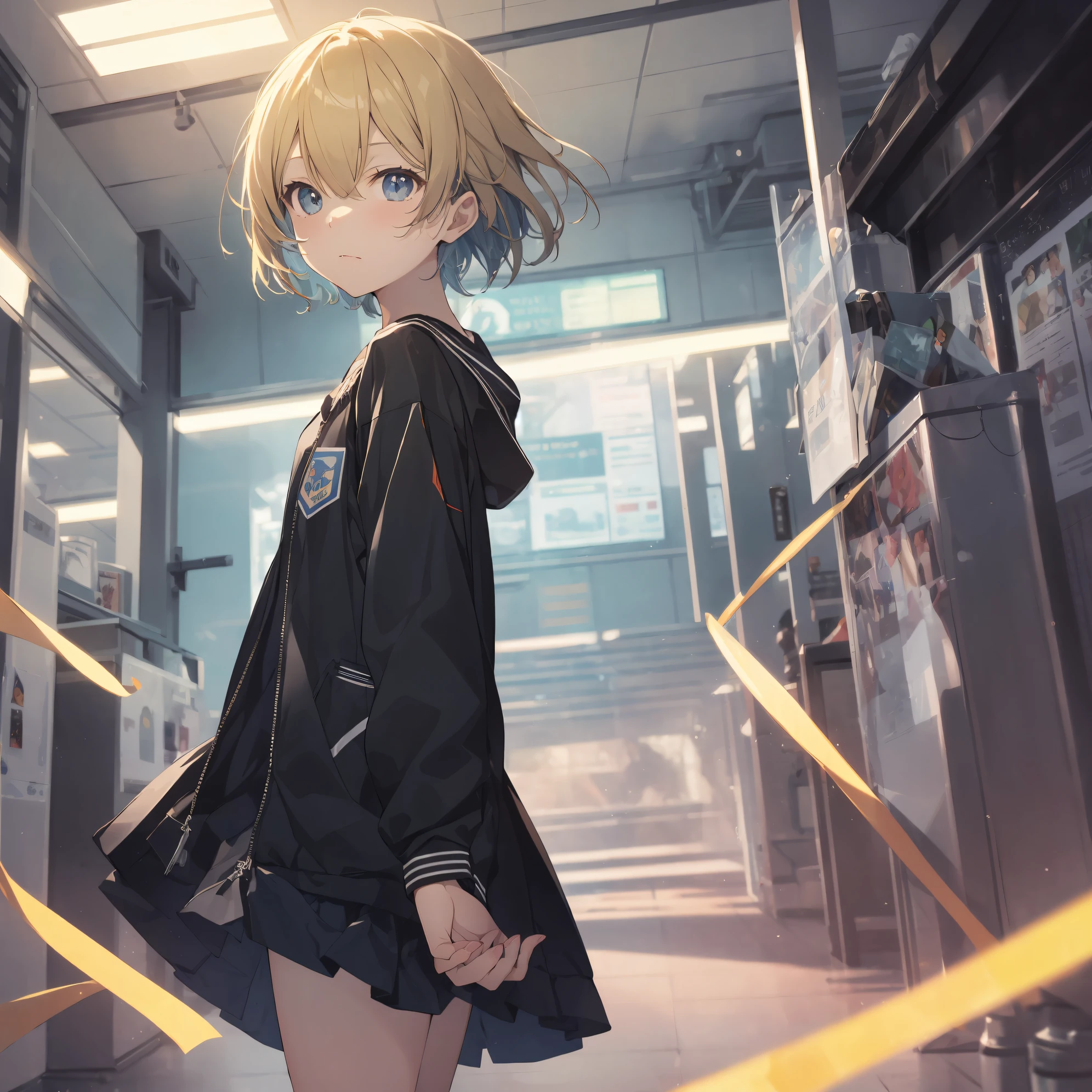 ((best god quality, Ultra-detailed, anime moe art style,Best Anime 8K Konachan Wallpapers,Pixiv Contest Winner,Perfect Anatomy)),BREAK (Draw a girl sleepily walking to school. ),BREAK, 1girl is a cool beautiful girl, (Solo,Lori,,13yea:1.3),a junior gynous attraction, (Very short hair), hair messy,Forehead, Full limbs, complete fingers,flat chest, Small butt, groin, Small eyes,Beautiful detailed black eyes,Well-proportioned iris and pupils,disgusted eye, School uniform, Skirt,On the way to school. BREAK,High resolution,super detailed skin, Best lighting by professional AI, 8k daily landscape illustration,