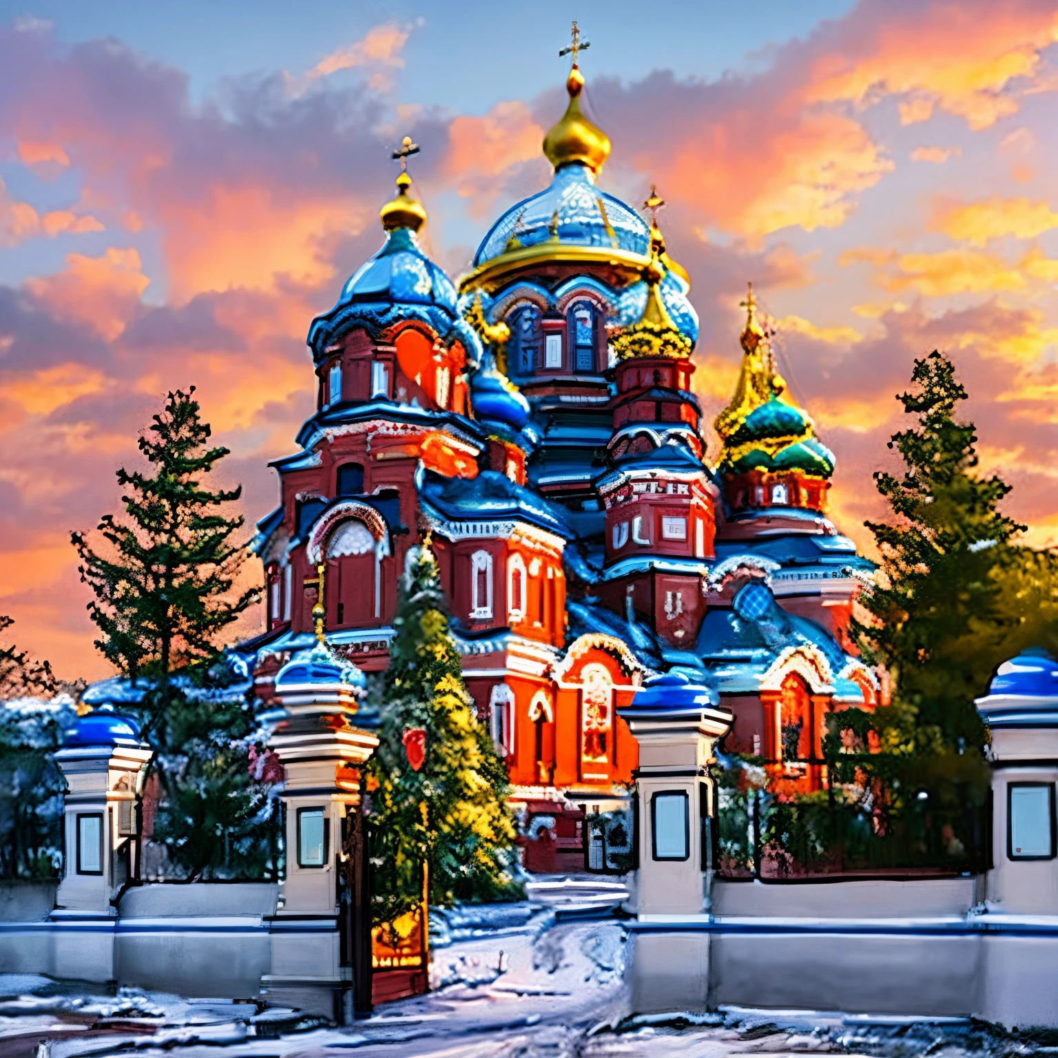 Arafied building with blue domes and a red fence, russian temple, russian architecture, Old Russian architecture, beautiful russia of the future, russian city, traditional russia, Massive cathedral in the forest, russian city of the future, inspired by Ivan Bilibin, decorated with Russian motifs, imperial russia, russian village, 8K)), Very ornate